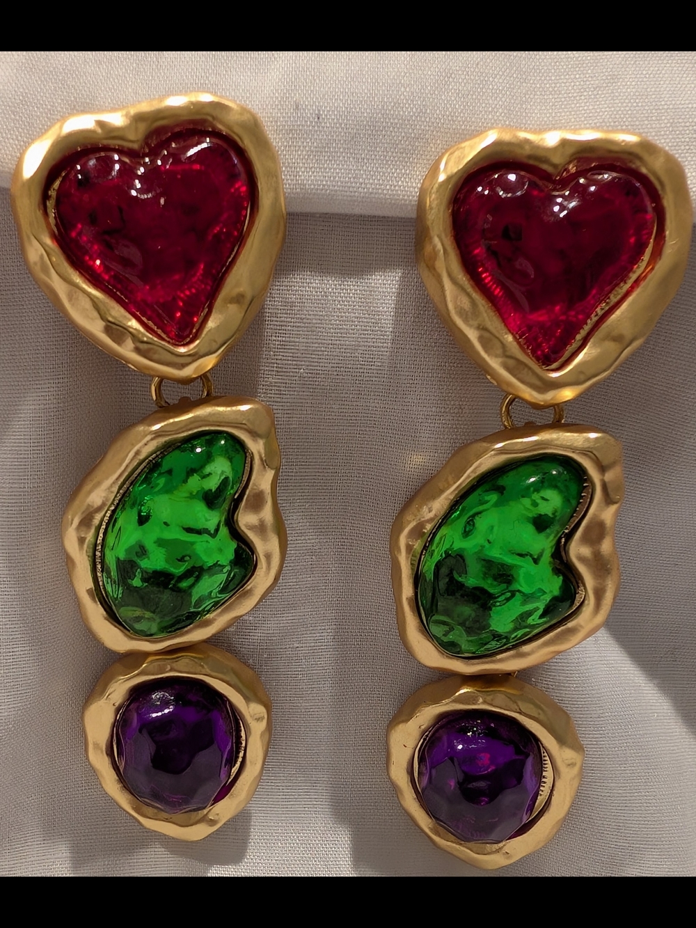 Catwalk Jon Gold-Tone Multi-Color Heart Drop Earrings - Red, Green & Purple - Picture 2 of 5